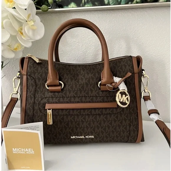 Michael Kors Carine Logo Brown Satchel Zip top bag - Picture 1 of 10